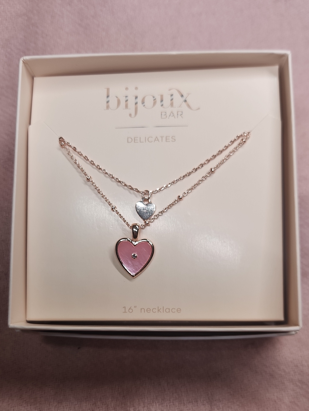 Bijoux Bar Pink Heart Layered Necklace with Rose-Gold Chain